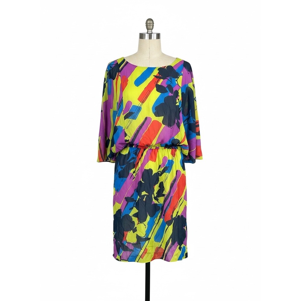 Signature by Robbie Bee Abstract Floral Dolman Sleeve Mini Dress Multicolor Sz 4